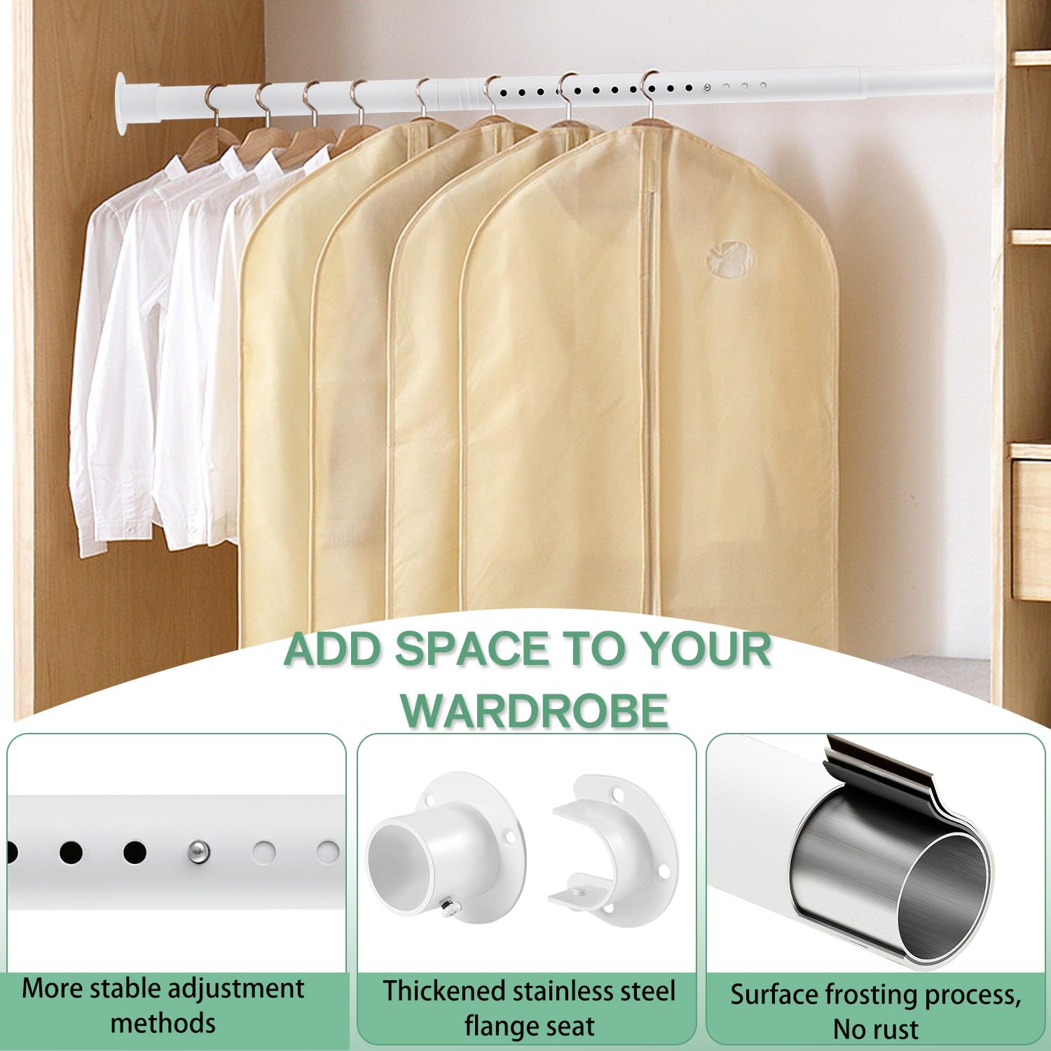 Closet Rods For Hanging Clothes, 1.3 Inch Diameter Heavy Duty Closet Rod 17-39 Inch Adjustable Clothes Hanging Bar Matte White S